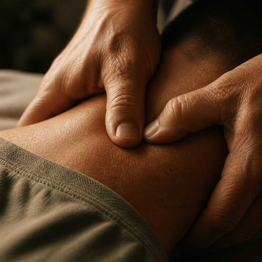 Handen die een massagegreep uitvoeren op de rugspieren