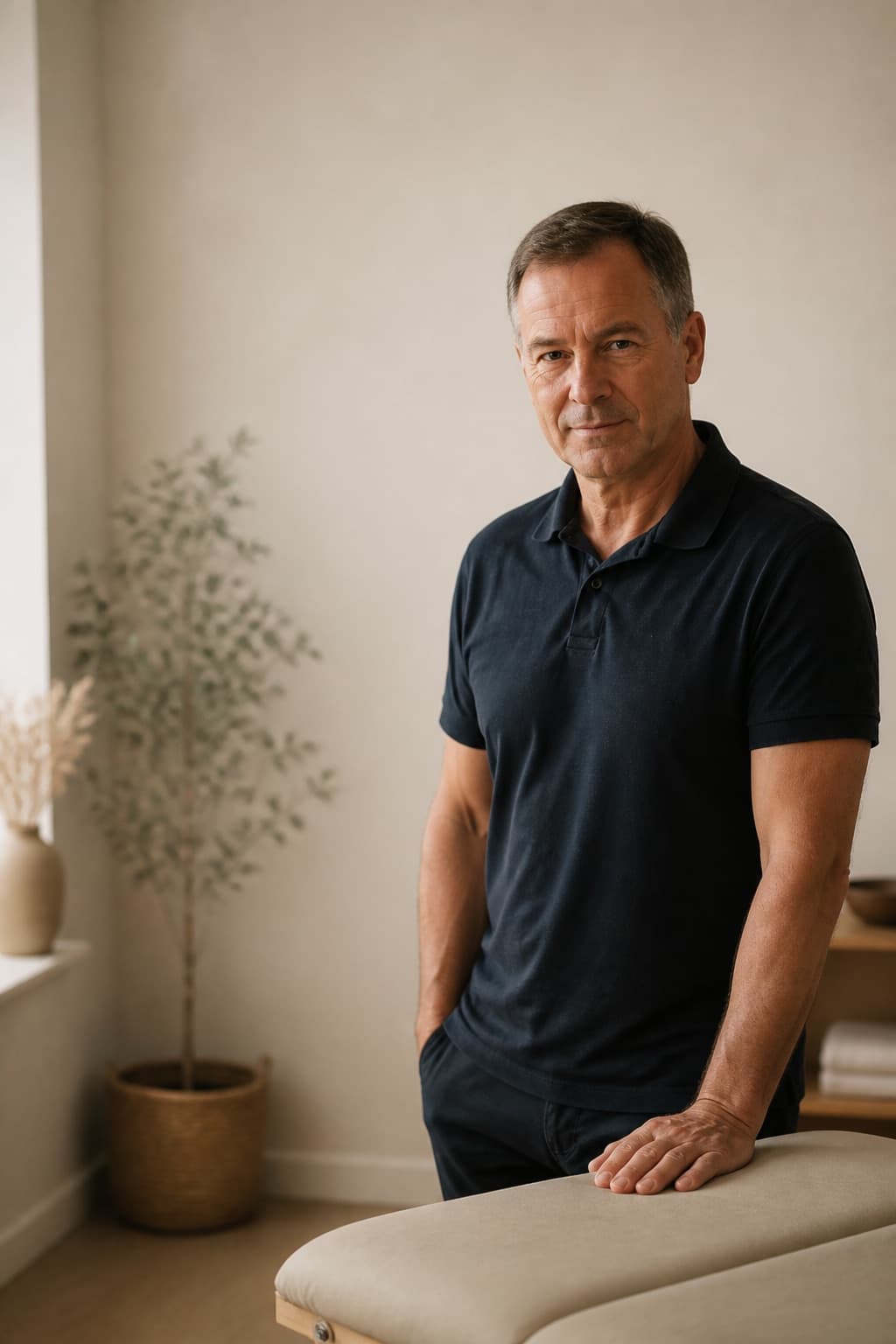 Portret van fysiotherapeut Arnoud van Eek in zijn praktijk in Zutphen